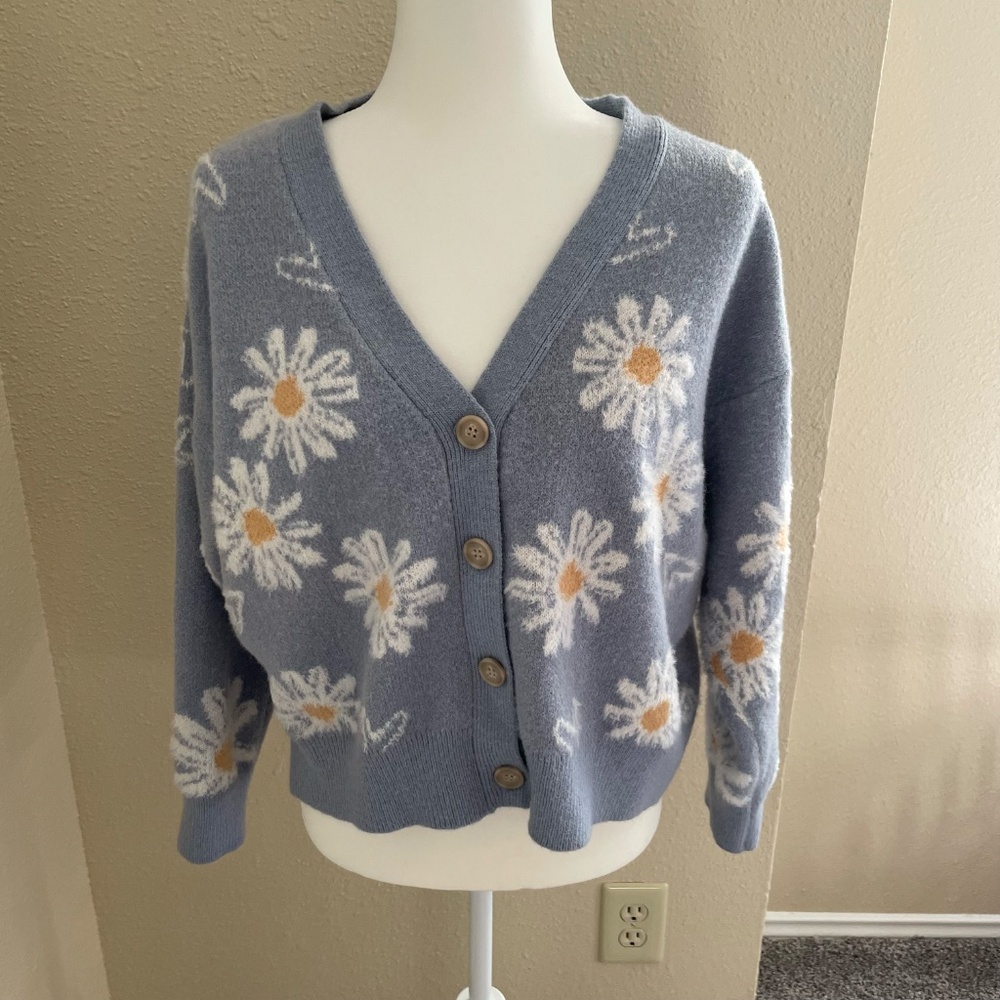 Celebrity Pink Blue Daisy Heart Sweater Cardigan Whimsy Cottagecore